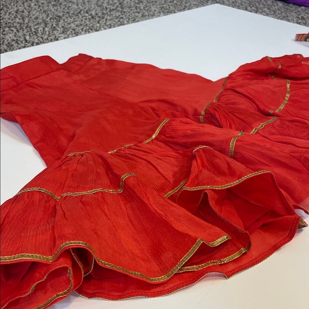 Vintage Red Two-Piece Set Beaded Embroidered Top & Ruffle Pants - Picture 11 of 16